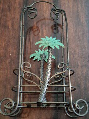 Vintage Palm Tree 2 Wine Bottle Caddy Holder Tropical Design Copper Metal VGC
